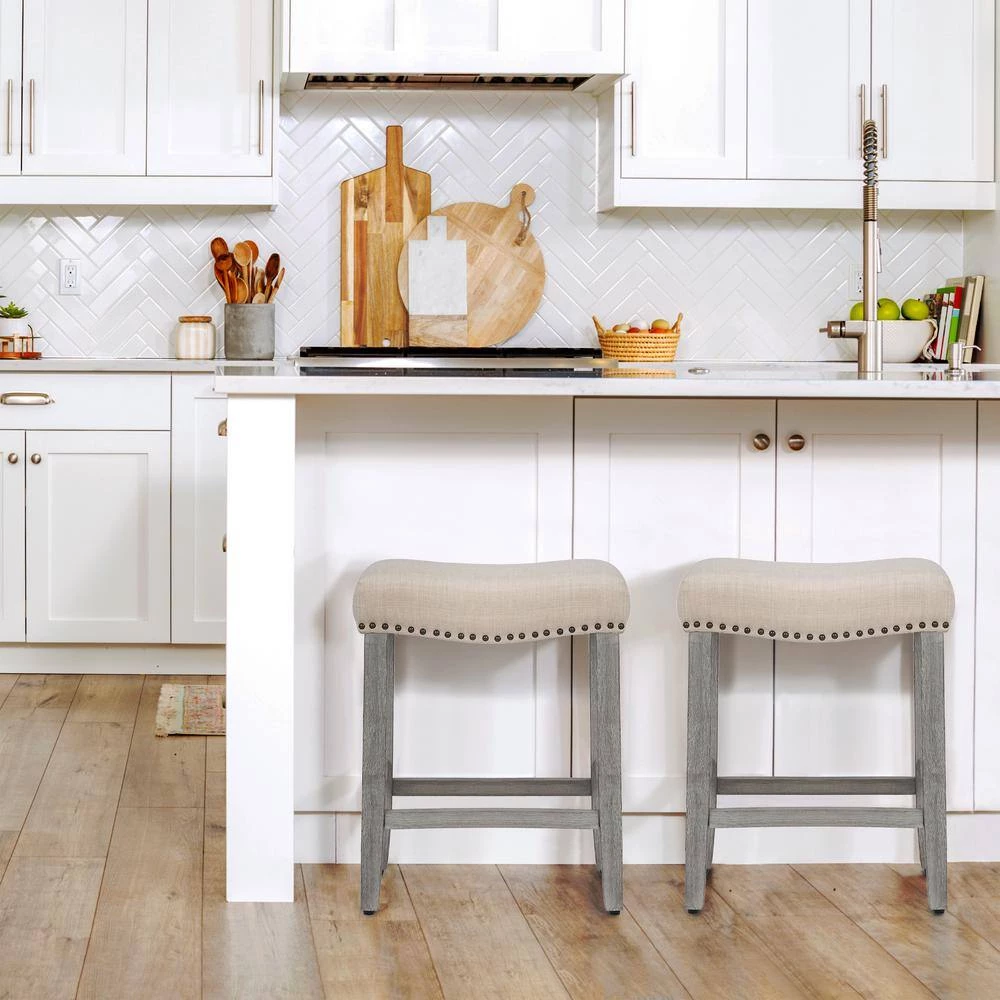 Jameson 24 in. Antique Gray Backless Wood Counter Stool with Beige Linen Seat (Set of 2) by WESTIN OUTDOOR 9 Jameson 24 in. Antique Gray Backless Wood Counter Stool with Beige Linen Seat (Set of 2) by WESTIN OUTDOOR - Image 8