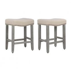 Jameson 24 in. Antique Gray Backless Wood Counter Stool with Beige Linen Seat (Set of 2) by WESTIN OUTDOOR