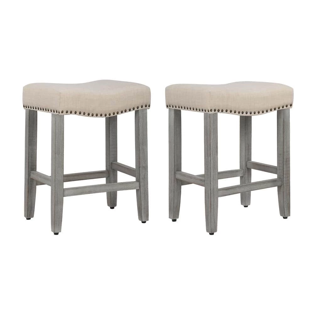 Jameson 24 in. Antique Gray Backless Wood Counter Stool with Beige Linen Seat (Set of 2) by WESTIN OUTDOOR 2 Jameson 24 in. Antique Gray Backless Wood Counter Stool with Beige Linen Seat (Set of 2) by WESTIN OUTDOOR