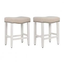 Jameson 24 in. Antique White Backless Wood Counter Stool with Beige Linen Seat (Set of 2) by WESTIN OUTDOOR