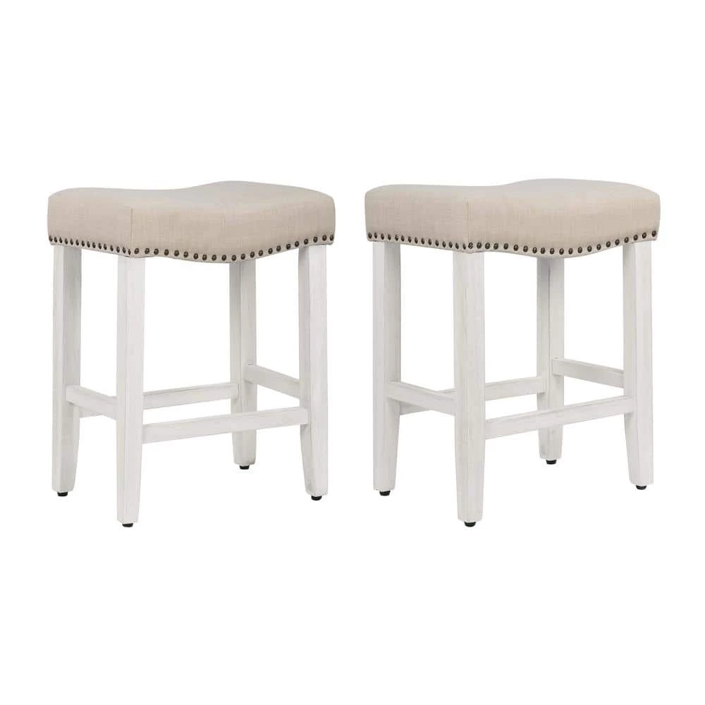 Jameson 24 in. Antique White Backless Wood Counter Stool with Beige Linen Seat (Set of 2) by WESTIN OUTDOOR 3 Jameson 24 in. Antique White Backless Wood Counter Stool with Beige Linen Seat (Set of 2) by WESTIN OUTDOOR