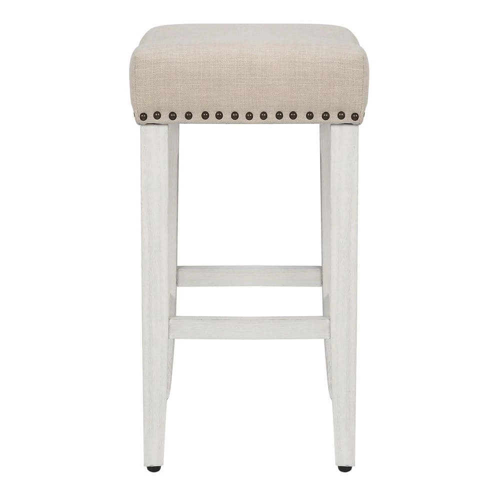 Jameson 24 in. Antique White Backless Wood Counter Stool with Beige Linen Seat (Set of 2) by WESTIN OUTDOOR 4 Jameson 24 in. Antique White Backless Wood Counter Stool with Beige Linen Seat (Set of 2) by WESTIN OUTDOOR - Image 2