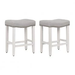 Jameson 24 in. Antique White Backless Wood Counter Stool with Gray Linen Seat (Set of 2) by WESTIN OUTDOOR