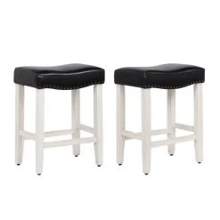 Jameson 24 in. Antique White Backless Wood Counter Stool with Black Faux Leather Seat (Set of 2) by WESTIN OUTDOOR