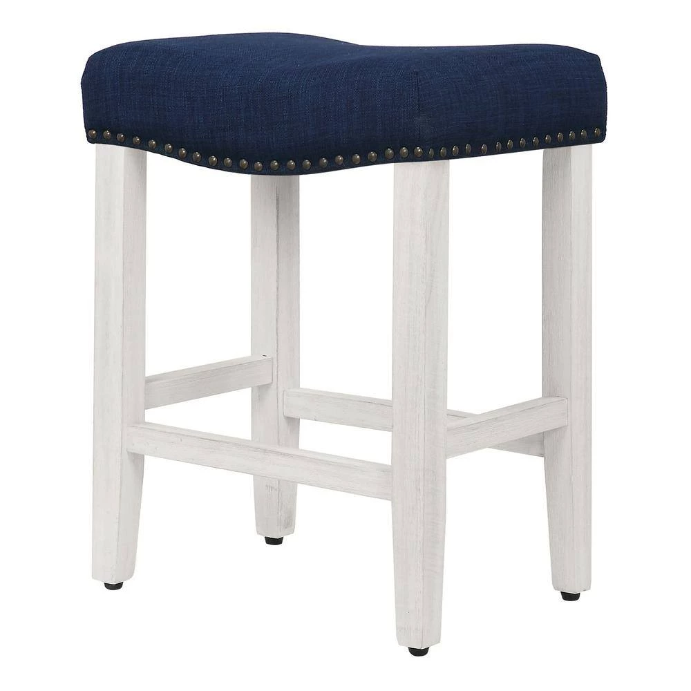 Jameson 24 in. Antique White Backless Wood Counter Stool with Navy Blue Linen Seat (Set of 2) by WESTIN OUTDOOR 8 Jameson 24 in. Antique White Backless Wood Counter Stool with Navy Blue Linen Seat (Set of 2) by WESTIN OUTDOOR - Image 6