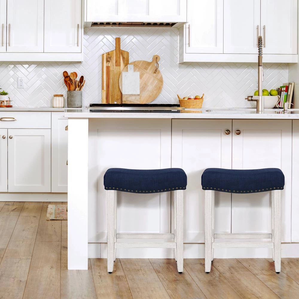 Jameson 24 in. Antique White Backless Wood Counter Stool with Navy Blue Linen Seat (Set of 2) by WESTIN OUTDOOR 10 Jameson 24 in. Antique White Backless Wood Counter Stool with Navy Blue Linen Seat (Set of 2) by WESTIN OUTDOOR - Image 8