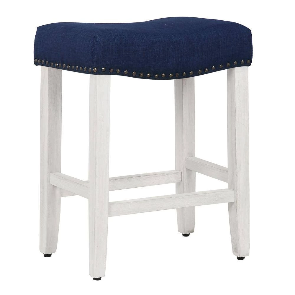 Jameson 24 in. Antique White Backless Wood Counter Stool with Navy Blue Linen Seat (Set of 2) by WESTIN OUTDOOR 7 Jameson 24 in. Antique White Backless Wood Counter Stool with Navy Blue Linen Seat (Set of 2) by WESTIN OUTDOOR - Image 5