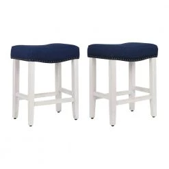 Jameson 24 in. Antique White Backless Wood Counter Stool with Navy Blue Linen Seat (Set of 2) by WESTIN OUTDOOR