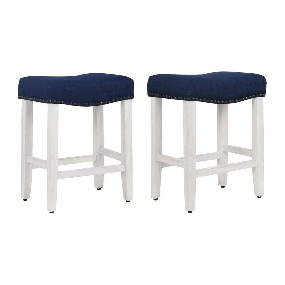 Jameson 24 in. Antique White Backless Wood Counter Stool with Navy Blue Linen Seat (Set of 2) by WESTIN OUTDOOR 3 Jameson 24 in. Antique White Backless Wood Counter Stool with Navy Blue Linen Seat (Set of 2) by WESTIN OUTDOOR