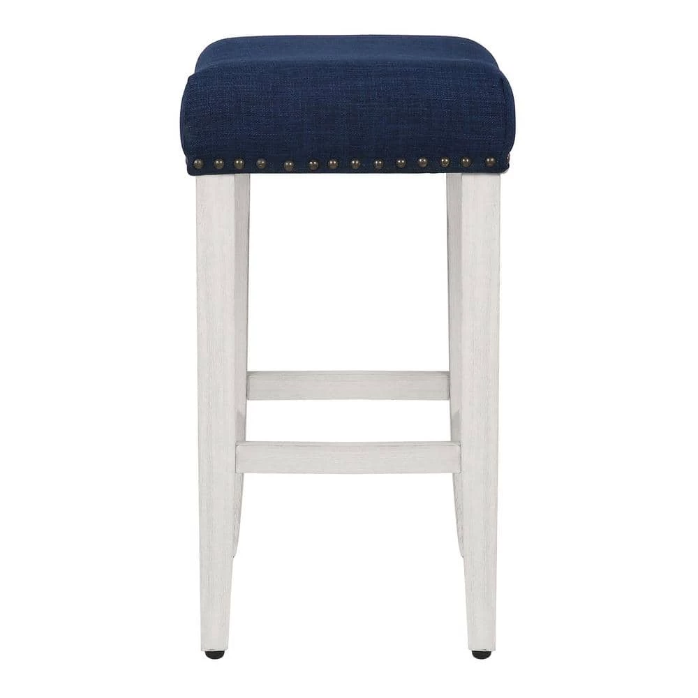 Jameson 24 in. Antique White Backless Wood Counter Stool with Navy Blue Linen Seat (Set of 2) by WESTIN OUTDOOR 4 Jameson 24 in. Antique White Backless Wood Counter Stool with Navy Blue Linen Seat (Set of 2) by WESTIN OUTDOOR - Image 2