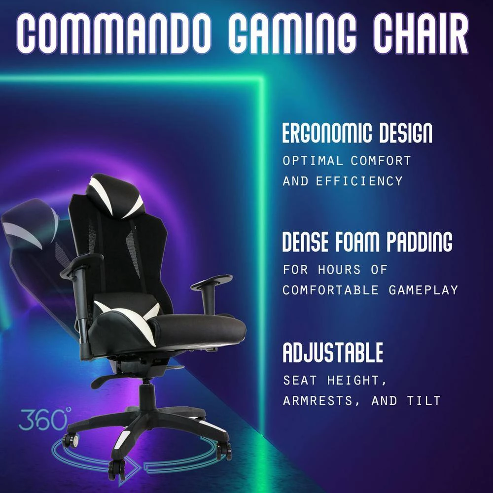 Commando Ergonomic Black and White High-Back Gaming Chair with Adjustable Gas Lift Seating and Lumbar Support by Hanover 3 Commando Ergonomic Black and White High-Back Gaming Chair with Adjustable Gas Lift Seating and Lumbar Support by Hanover - Image 2