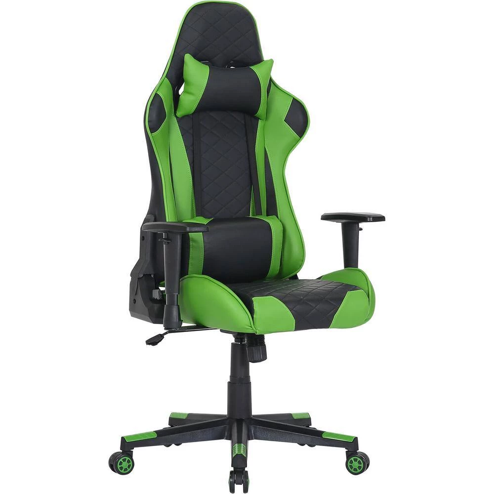 Black and Green Faux Leather Gaming Chair with Adjustable Gas Lift Seating, Lumbar and Neck Support by Hanover 5 Black and Green Faux Leather Gaming Chair with Adjustable Gas Lift Seating, Lumbar and Neck Support by Hanover - Image 3