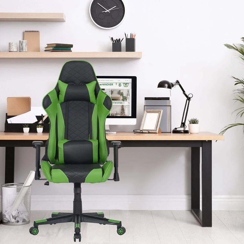 Black and Green Faux Leather Gaming Chair with Adjustable Gas Lift Seating, Lumbar and Neck Support by Hanover 9 Black and Green Faux Leather Gaming Chair with Adjustable Gas Lift Seating, Lumbar and Neck Support by Hanover - Image 7