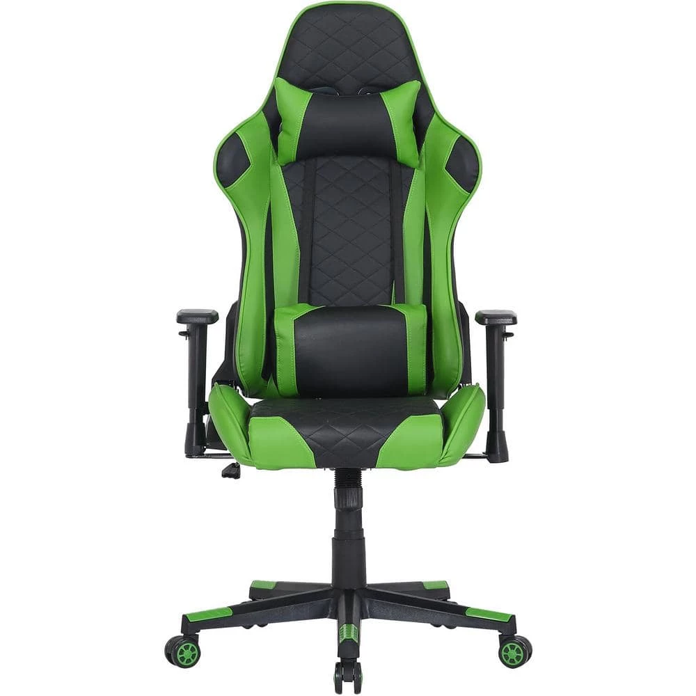 Black and Green Faux Leather Gaming Chair with Adjustable Gas Lift Seating, Lumbar and Neck Support by Hanover 3 Black and Green Faux Leather Gaming Chair with Adjustable Gas Lift Seating, Lumbar and Neck Support by Hanover