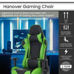Black and Green Faux Leather Gaming Chair with Adjustable Gas Lift Seating, Lumbar and Neck Support by Hanover 19 Black and Green Faux Leather Gaming Chair with Adjustable Gas Lift Seating, Lumbar and Neck Support by Hanover -BENCH Online Store black green hanover gaming chairs hgc0115 fa 1000 1