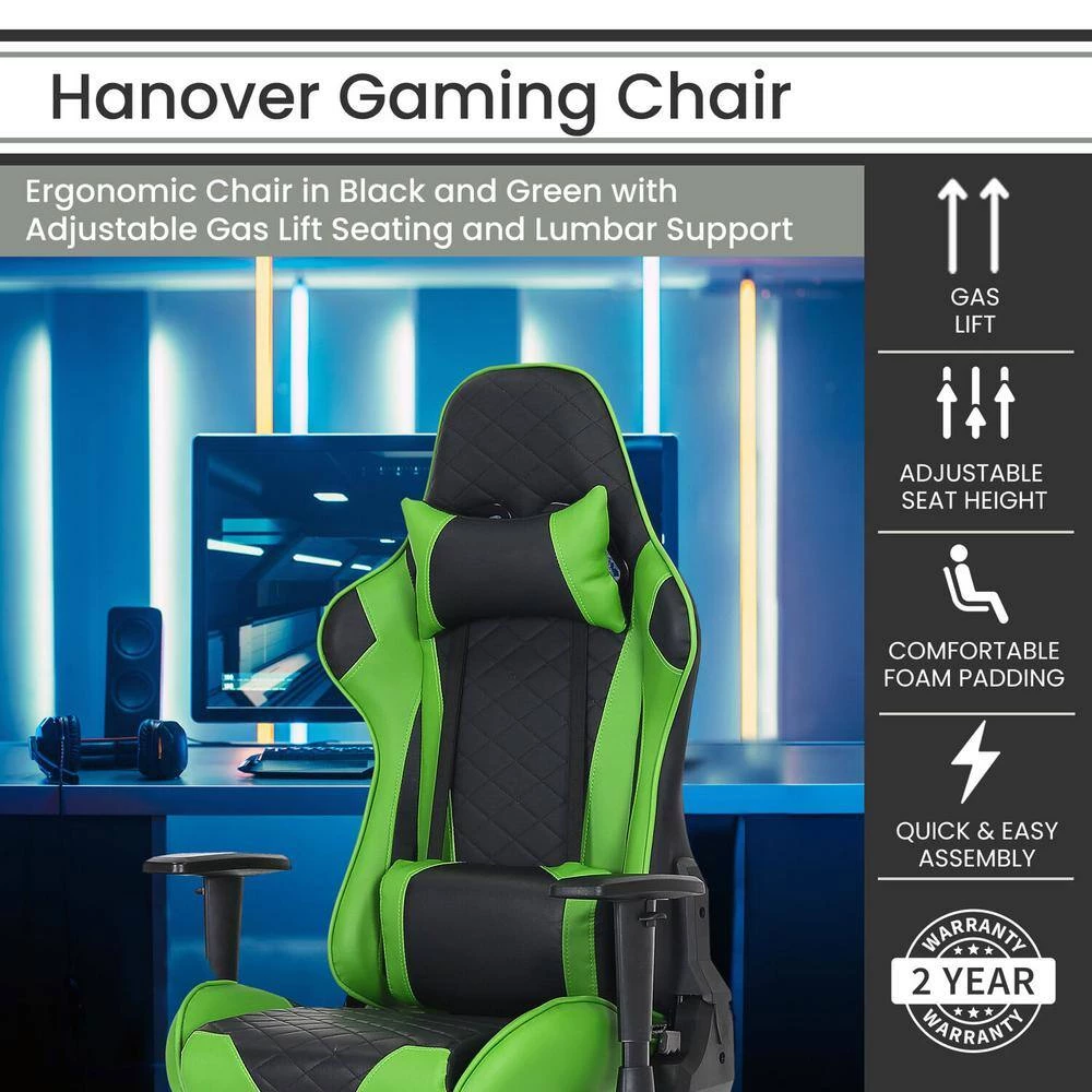 Black and Green Faux Leather Gaming Chair with Adjustable Gas Lift Seating, Lumbar and Neck Support by Hanover 11 Black and Green Faux Leather Gaming Chair with Adjustable Gas Lift Seating, Lumbar and Neck Support by Hanover - Image 9