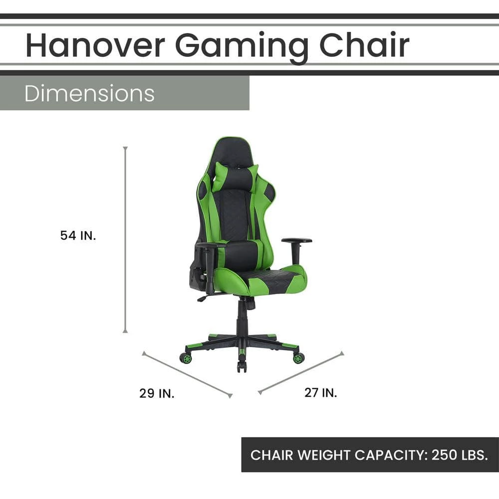Black and Green Faux Leather Gaming Chair with Adjustable Gas Lift Seating, Lumbar and Neck Support by Hanover 10 Black and Green Faux Leather Gaming Chair with Adjustable Gas Lift Seating, Lumbar and Neck Support by Hanover - Image 8