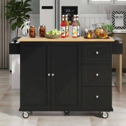 Black Kitchen Island with Solid Wood Top and Locking Wheels by Whatseaso -BENCH Online Store black whatseaso kitchen islands lnn k110501801 4f 1000
