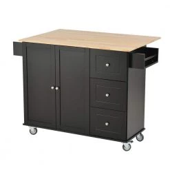 Black Kitchen Island with Solid Wood Top and Locking Wheels by Whatseaso