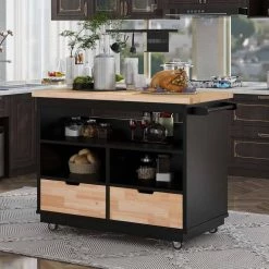 46 in. Black New Design Kitchen Island with 2-Drawers and Tableware Cabinet by Whatseaso