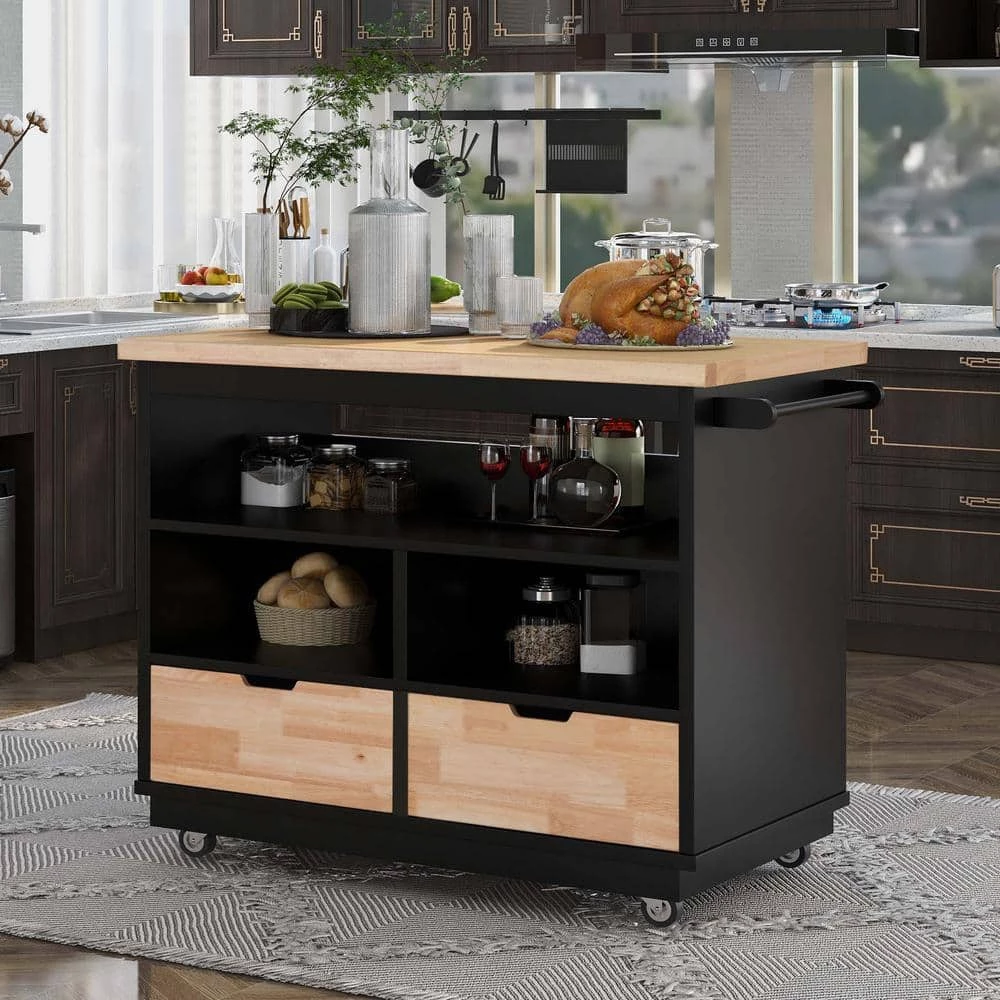 46 in. Black New Design Kitchen Island with 2-Drawers and Tableware Cabinet by Whatseaso 3 46 in. Black New Design Kitchen Island with 2-Drawers and Tableware Cabinet by Whatseaso