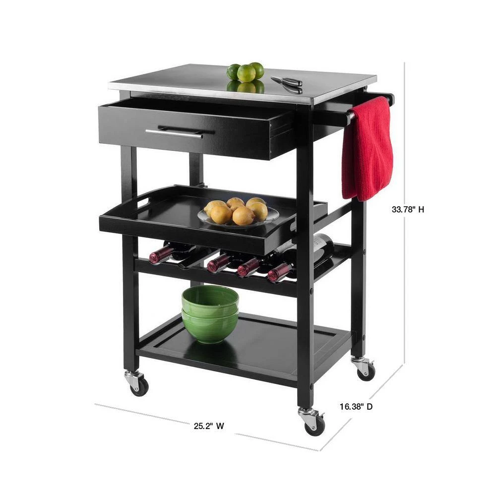 Anthony Black Kitchen Cart with Stainless Top by Winsome Wood 4 Anthony Black Kitchen Cart with Stainless Top by Winsome Wood - Image 2