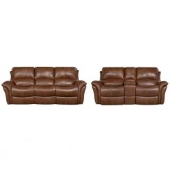 Yellowstone 2-Piece Golden Brown 100% Genuine Leather Set with Double-Reclining Sofa and Gliding Console Loveseat by Hanover