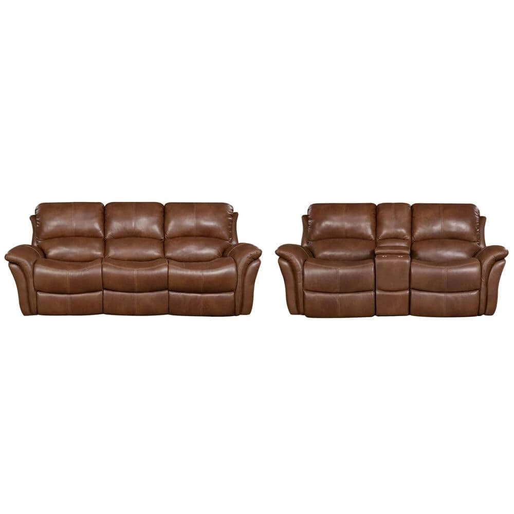 Yellowstone 2-Piece Golden Brown 100% Genuine Leather Set with Double-Reclining Sofa and Gliding Console Loveseat by Hanover 3 Yellowstone 2-Piece Golden Brown 100% Genuine Leather Set with Double-Reclining Sofa and Gliding Console Loveseat by Hanover