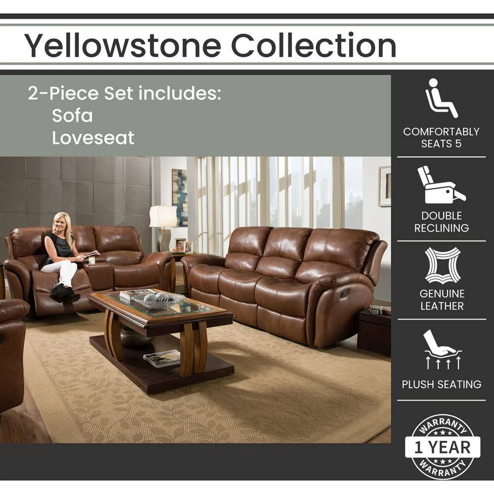 Yellowstone 2-Piece Golden Brown 100% Genuine Leather Set with Double-Reclining Sofa and Gliding Console Loveseat by Hanover 4 Yellowstone 2-Piece Golden Brown 100% Genuine Leather Set with Double-Reclining Sofa and Gliding Console Loveseat by Hanover - Image 2