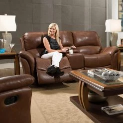 Yellowstone 82 in. Golden Brown 100% Genuine Leather Double-Reclining Gliding Console 2-Seater Loveseat by Hanover -BENCH Online Store brown golden hanover loveseats hum002ls gb 44 1000