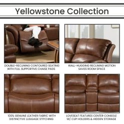 Yellowstone 82 in. Golden Brown 100% Genuine Leather Double-Reclining Gliding Console 2-Seater Loveseat by Hanover -BENCH Online Store brown golden hanover loveseats hum002ls gb 4f 1000