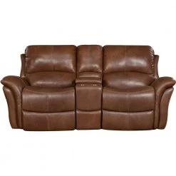 Yellowstone 82 in. Golden Brown 100% Genuine Leather Double-Reclining Gliding Console 2-Seater Loveseat by Hanover