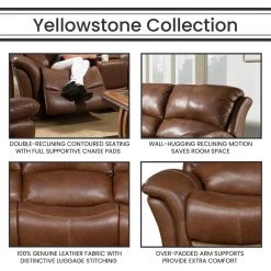 Yellowstone 90 in. Golden Brown 100% Genuine Leather Double-Reclining 3-Seater Sofa, HUM002SF-GB by Hanover -BENCH Online Store brown golden hanover sofas couches hum002sf gb fa 1000
