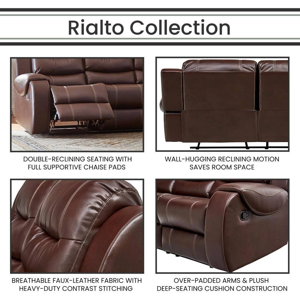 Rialto Faux-Leather Brown Double Reclining 3-Seater Sofa by Hanover 5 Rialto Faux-Leather Brown Double Reclining 3-Seater Sofa by Hanover - Image 3