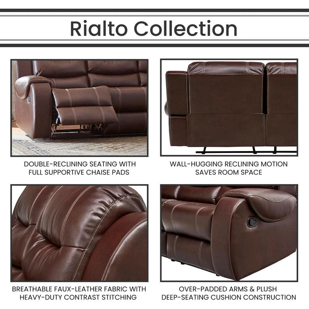 Rialto Faux-Leather Brown Double Reclining 3-Seater Sofa by Hanover 11 Rialto Faux-Leather Brown Double Reclining 3-Seater Sofa by Hanover - Image 9
