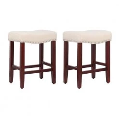 Jameson 24 in. Cherry Backless Wood Counter Stool with Beige Linen Seat (Set of 2) by WESTIN OUTDOOR