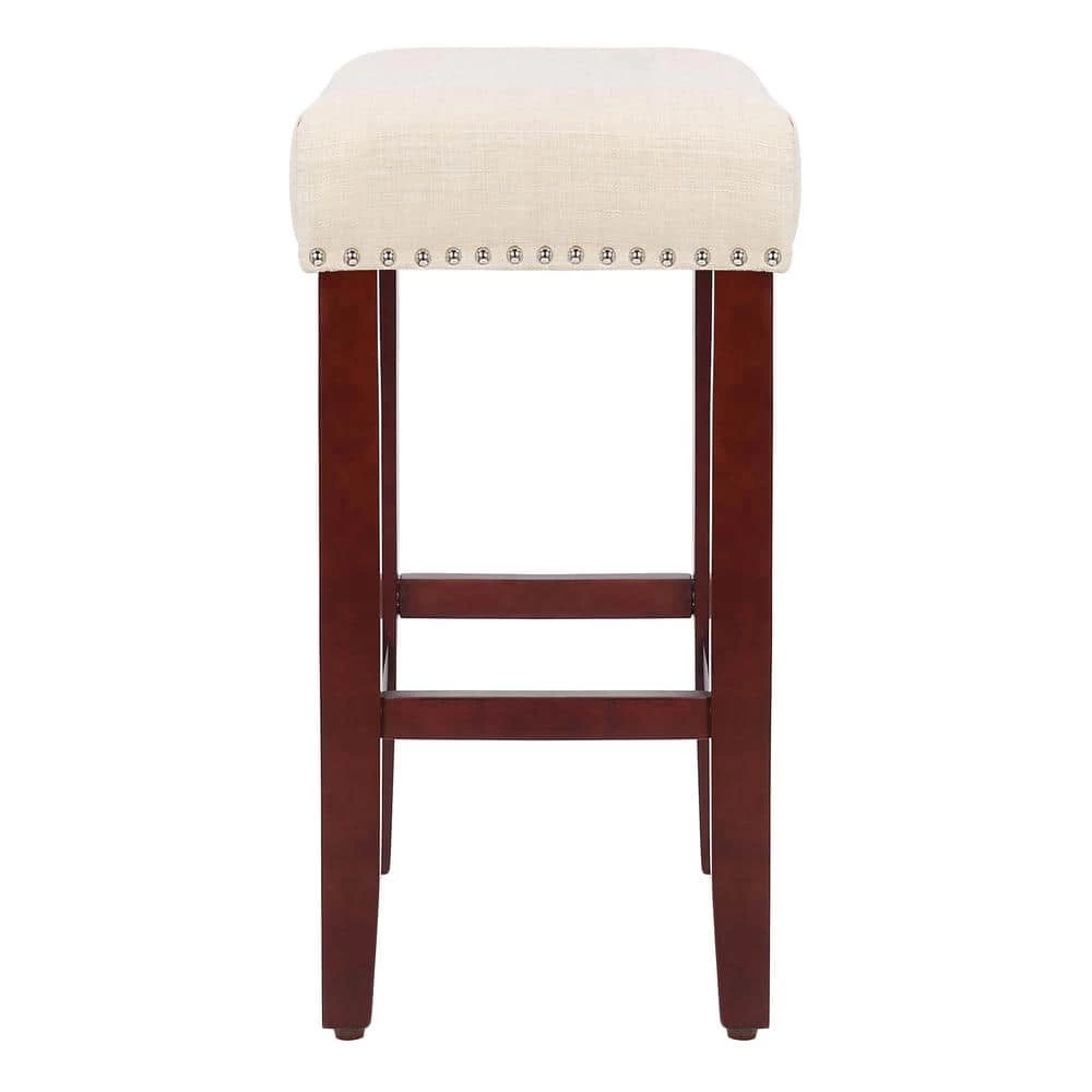 Jameson 24 in. Cherry Backless Wood Counter Stool with Beige Linen Seat (Set of 2) by WESTIN OUTDOOR 4 Jameson 24 in. Cherry Backless Wood Counter Stool with Beige Linen Seat (Set of 2) by WESTIN OUTDOOR - Image 2