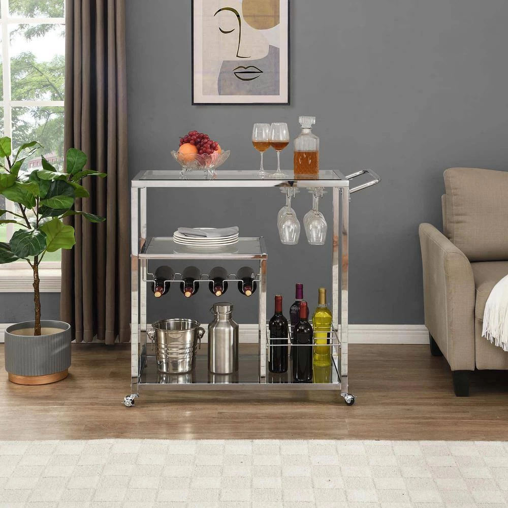 Contemporary Chrome Bar Serving Cart With Wheels by Whatseaso 9 Contemporary Chrome Bar Serving Cart With Wheels by Whatseaso - Image 7