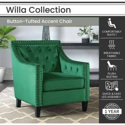 Willa Button Tufted Emerald Green Accent Arm Chair by Hanover -BENCH Online Store emerald green hanover accent chairs hup304 grn c3 1000