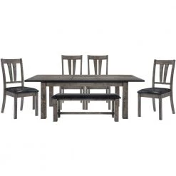 Bramble Hill 6-Piece Weather Gray Dining Set with Expandable Table plus 4-Faux-Leather Side Chairs and Bench by Hanover
