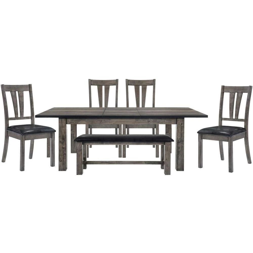 Bramble Hill 6-Piece Weather Gray Dining Set with Expandable Table plus 4-Faux-Leather Side Chairs and Bench by Hanover 3 Bramble Hill 6-Piece Weather Gray Dining Set with Expandable Table plus 4-Faux-Leather Side Chairs and Bench by Hanover