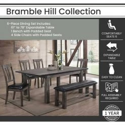 Bramble Hill 6-Piece Weather Gray Dining Set with Expandable Table plus 4-Faux-Leather Side Chairs and Bench by Hanover 23 Bramble Hill 6-Piece Weather Gray Dining Set with Expandable Table plus 4-Faux-Leather Side Chairs and Bench by Hanover -BENCH Online Store gray hanover dining room sets hdr006 6pu wg c3 1000