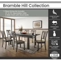 Bramble Hill 7-Piece Weathered Gray Dining Set with Expandable Table and 6-Wood-Seat Side Chairs by Hanover -BENCH Online Store gray hanover dining room sets hdr006 7wd wg c3 1000