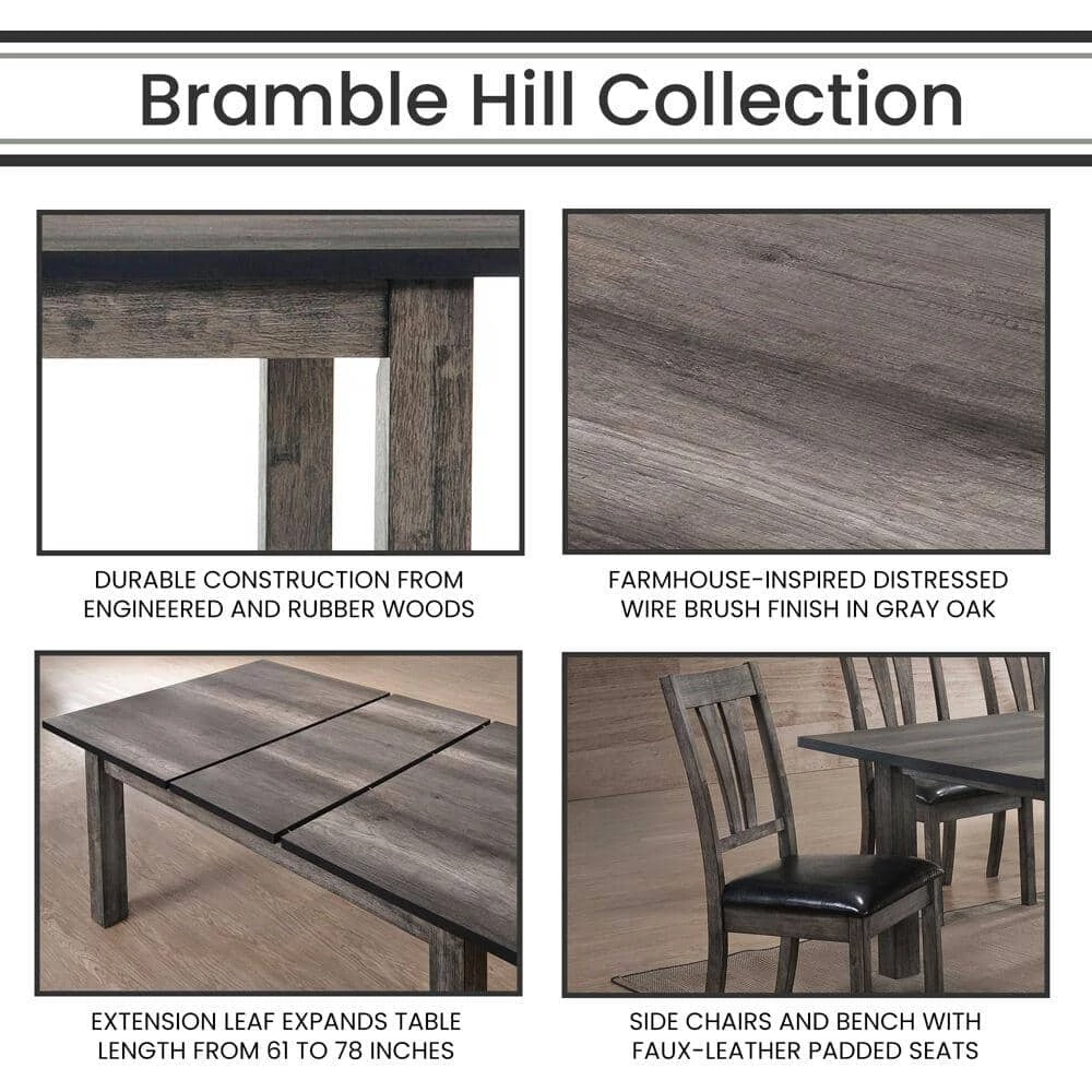 Bramble Hill 8-Piece Weathered Wood Gray Dining Set with Expandable Table 6-Faux-Leather Side Chairs and Bench by Hanover 9 Bramble Hill 8-Piece Weathered Wood Gray Dining Set with Expandable Table 6-Faux-Leather Side Chairs and Bench by Hanover - Image 7