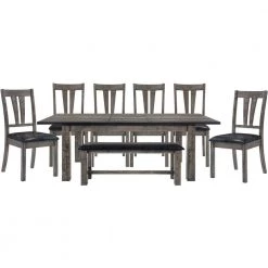 Bramble Hill 8-Piece Weathered Wood Gray Dining Set with Expandable Table 6-Faux-Leather Side Chairs and Bench by Hanover