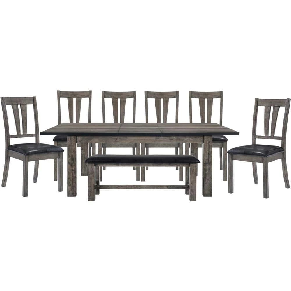 Bramble Hill 8-Piece Weathered Wood Gray Dining Set with Expandable Table 6-Faux-Leather Side Chairs and Bench by Hanover 3 Bramble Hill 8-Piece Weathered Wood Gray Dining Set with Expandable Table 6-Faux-Leather Side Chairs and Bench by Hanover