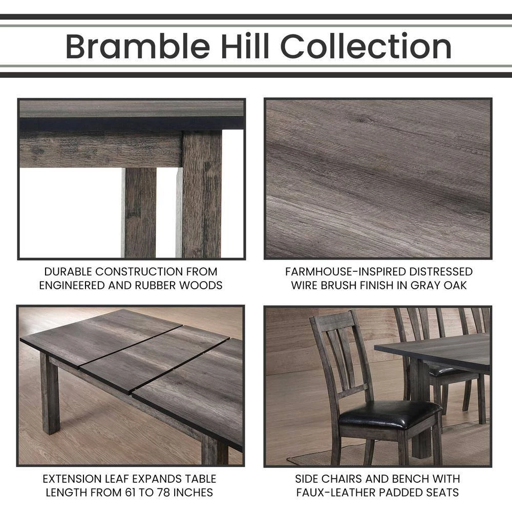 Bramble Hill 8-Piece Weathered Wood Gray Dining Set with Expandable Table 6-Faux-Leather Side Chairs and Bench by Hanover 12 Bramble Hill 8-Piece Weathered Wood Gray Dining Set with Expandable Table 6-Faux-Leather Side Chairs and Bench by Hanover - Image 10