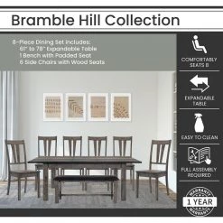 Bramble Hill 8-Piece Weathered Wood Gray Dining Set with Expandable Table 6-Seat Side Chairs and Faux-Leather Bench by Hanover -BENCH Online Store gray hanover dining room sets hdr006 8wd wg 31 1000