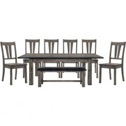 Bramble Hill 8-Piece Weathered Wood Gray Dining Set with Expandable Table 6-Seat Side Chairs and Faux-Leather Bench by Hanover