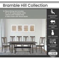 Bramble Hill 8-Piece Weathered Wood Gray Dining Set with Expandable Table 6-Seat Side Chairs and Faux-Leather Bench by Hanover -BENCH Online Store gray hanover dining room sets hdr006 8wd wg c3 1000